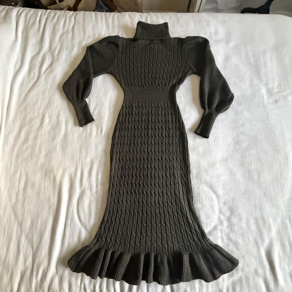 Cable Knit Sweater Dress Womens S Green Gray Turtleneck Bodycon Midi Ruffle Hem